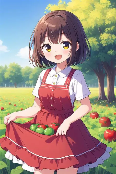 masterpiece,ultra detail,best quality,1girl,smile,open mouth,items on skirt,tomatos on skirt.vegetable field, <lora:items_on_the_skirt:0.8>,three tomatos