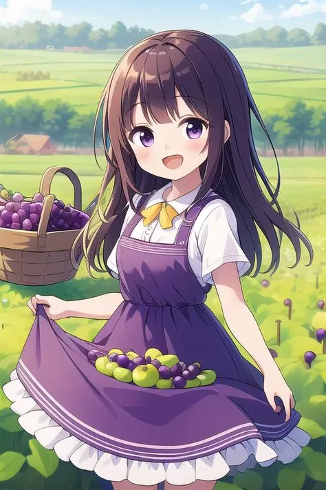 masterpiece,ultra detail,best quality,1girl,smile,open mouth,items on skirt,grapes on skirt.vegetable field, <lora:items_on_the_skirt:0.8>,three grapes