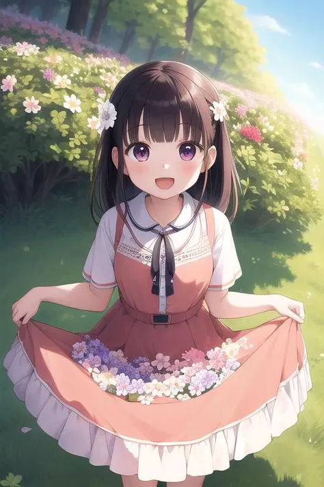 masterpiece,ultra detail,best quality,1girl,smile,open mouth,items on skirt,forest,flower on skirt <lora:items_on_the_skirt:0.7>,lot of flowers,from above