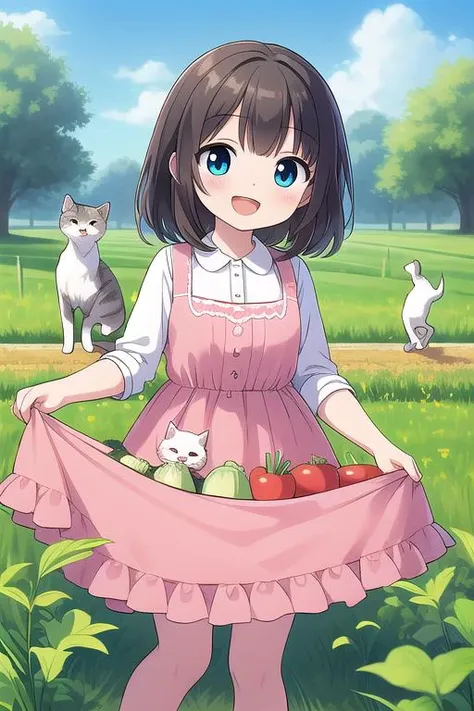 masterpiece,ultra detail,best quality,1girl,smile,open mouth,items on skirt,kittens on skirt.vegetable field, <lora:items_on_the_skirt:0.8>,three kittens