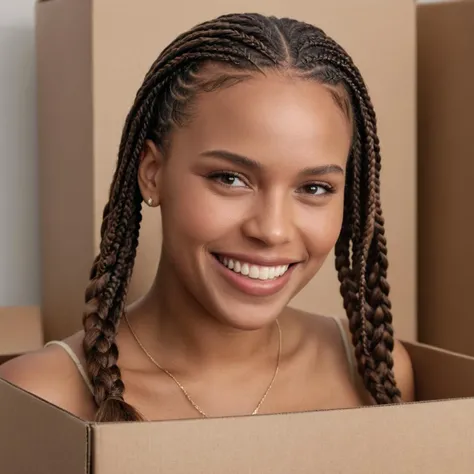 cinematic film still (((close shot ))) with Dutch angle , woman with Chestnut hair in a box braids style, highly detailed skin with hair, embarrassed smile,teeth, shallow depth of field, vignette, highly detailed, high budget Hollywood film, cinemascope, moody, epic, gorgeous,