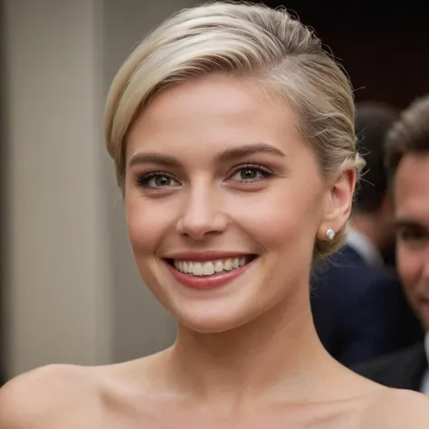 cinematic film still (((close shot ))) with Dutch angle , woman with Platinum Blonde hair in a chignon updo style, highly detailed skin with hair, embarrassed smile,teeth, shallow depth of field, vignette, highly detailed, high budget Hollywood film, cinemascope, moody, epic, gorgeous, 