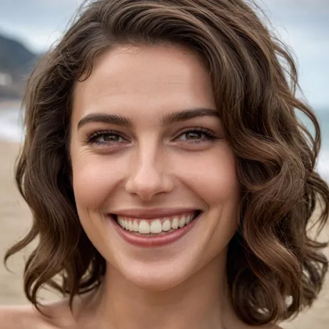 cinematic film still (((close shot ))) with Dutch angle , woman with Medium brown hair in a 360 waves style, highly detailed skin with hair, embarrassed smile,teeth, shallow depth of field, vignette, highly detailed, high budget Hollywood film, cinemascope, moody, epic, gorgeous, 