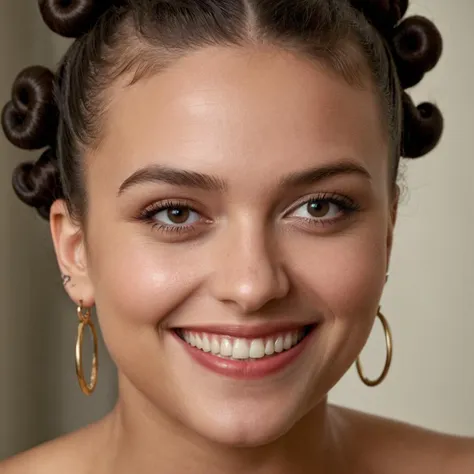 cinematic film still (((close shot ))) with Dutch angle , woman with Dark brown hair in a bantu knots style, highly detailed skin with hair, embarrassed smile,teeth, shallow depth of field, vignette, highly detailed, high budget Hollywood film, cinemascope, moody, epic, gorgeous, 