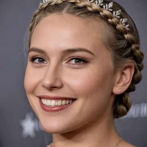 cinematic film still (((close shot ))) with Dutch angle , woman with Ash blonde hair in a crown braid style, highly detailed skin with hair, embarrassed smile,teeth, shallow depth of field, vignette, highly detailed, high budget Hollywood film, cinemascope, moody, epic, gorgeous, 