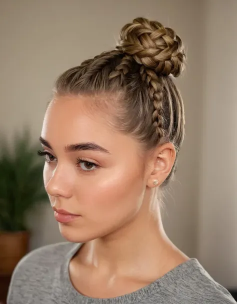 Close up shot of a beautiful 18 year old woman with her hair in (((__womensHairStyles__))),