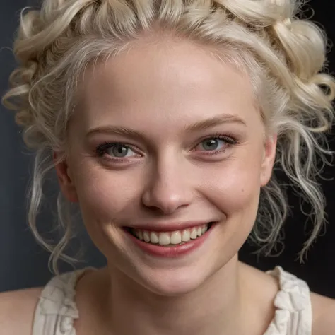 cinematic film still (((close shot ))) with Dutch angle , woman with Albino hair in a messy updo style, highly detailed skin with hair, embarrassed smile,teeth, shallow depth of field, vignette, highly detailed, high budget Hollywood film, cinemascope, moody, epic, gorgeous, 