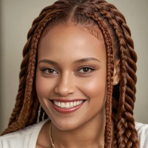 cinematic film still (((close shot ))) with Dutch angle , woman with Red hair in a box braids style, highly detailed skin with hair, embarrassed smile,teeth, shallow depth of field, vignette, highly detailed, high budget Hollywood film, cinemascope, moody, epic, gorgeous, 