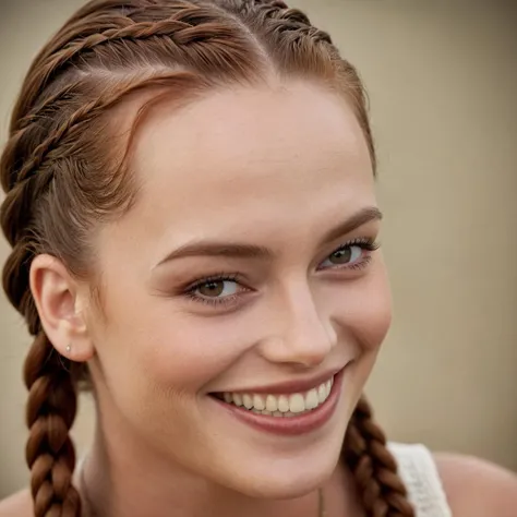 cinematic film still (((close shot ))) with Dutch angle , woman with Auburn hair in a cornrows style, highly detailed skin with hair, embarrassed smile,teeth, shallow depth of field, vignette, highly detailed, high budget Hollywood film, cinemascope, moody, epic, gorgeous, 