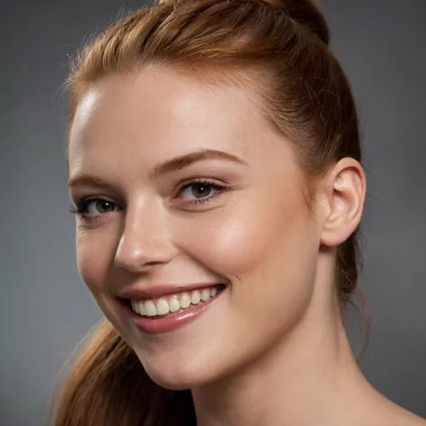 cinematic film still (((close shot ))) with Dutch angle , woman with Ginger hair in a high ponytail style, highly detailed skin with hair, embarrassed smile,teeth, shallow depth of field, vignette, highly detailed, high budget Hollywood film, cinemascope, moody, epic, gorgeous, 