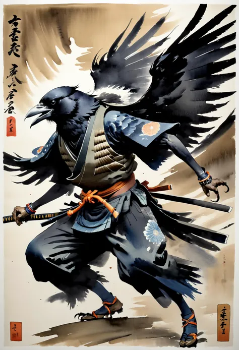 Japanese ink painting, ukiyo-e, crow tengu, masterpiece, bushido, art by Yoji Shinkawa