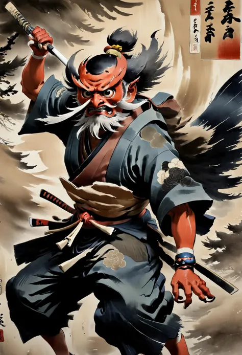 Japanese painting, ukiyo-e, tengu with very long nose, konoha, knhtng, wielding a spear, dynamic pose, intricate details, art by Yoji Shinkawa, masterpiece, 8k