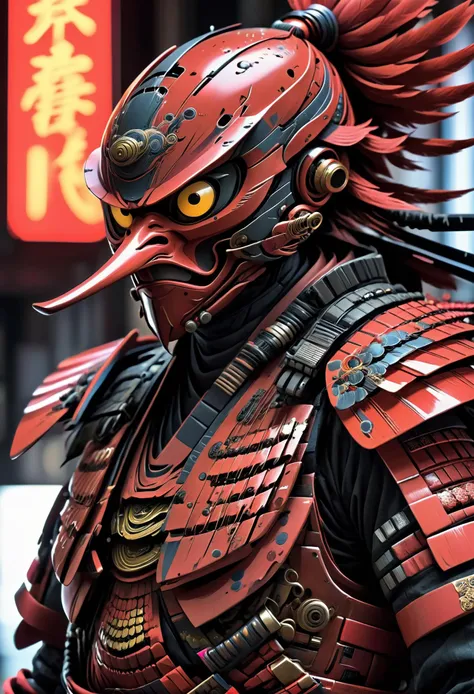 RAW Photo, red ninja armor, tengu with very long nose, very intricate advanced armor, menacing, integrated neon lights, masterpiece, highly detailed, dslr, film grain, cinematic, cyberpunk, futuristic, sci-fi, Neo-Tokyo, (art by Yoji Shinkawa)