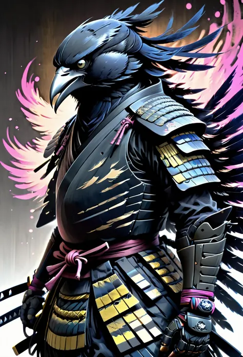 Illustration, jetblack ninja armor, inspired by crow tengu, very intricate advanced armor, integrated neon lights, masterpiece, highly detailed, (art by Yoji Shinkawa AND Greg Rutkowski), ((concept artwork, speed painting, sketch)), (Japanese ink, inspired by ukiyo-e)