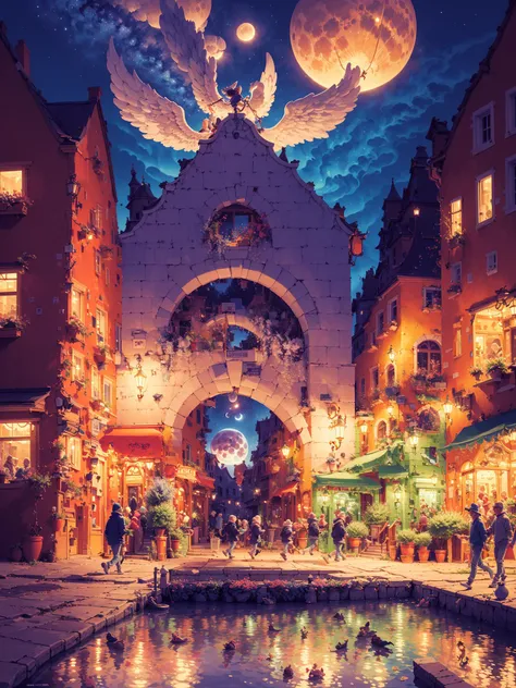 Conceptual design,Masterpiece,Best quality,Highres,Extremely detailed 8k wallpaper,Very clear,masterpiece,extremely detailed,CG,unity,2k wallpaper,Amazing,finely detail,extremely detailed CG unity 8k wallpaper,huge filesize,ultra-detailed,highres,soft light,Dreamy light and shadow,Brilliant colors,(Small towns in Europe:1.3),A dreamy atmosphere,Lovely building,Cartoon,Street,Street view,Gorgeous colors,A wealth of colors,(High saturation:1.2),A strong contrast between cold and warm,Gorgeous colors,(Fantasy:1.1),(dream:1.1),Close range,A beautiful sky,Beautiful clouds,(Look up:1.4),Flowers,There are many people walking in the street,People are happy.,There are children running.,People are chatting,rowing in the river,There is a huge moon in the sky,(There is an arch bridge over the river:1.1),(On the roof stands an angel with wings:1.2),Miyazaki style,Everything is flying.,color hot air balloon,God,Look up,<lora:HeavenTown_20230608184907:0.7>,(night:1.4),<lora:add_saturation:1.2>,