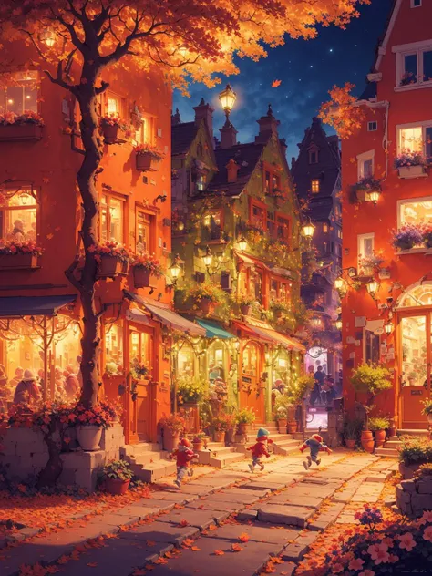 <lora:HeavenTown_Cartoon:0.7>,HeavenTown,Night,Colorful lights,Conceptual design,Masterpiece,Best quality,Highres,Extremely detailed 8k wallpaper,Very clear,masterpiece,extremely detailed,CG,unity,2k wallpaper,Amazing,finely detail,extremely detailed CG unity 8k wallpaper,huge filesize,ultra-detailed,highres,soft light,Dreamy light and shadow,Brilliant colors,(Small towns in Europe:1.3),A dreamy atmosphere,Lovely building,Cartoon,Gorgeous colors,A wealth of colors,High saturation,A strong contrast between cold and warm,Gorgeous colors,(Fantasy:1.3),(dream:1.1),Close range,(Look up:1.4),Flowers,People are happy.,(There are children running.:1.1),People are chatting,On the roof stands an angel with wings,Miyazaki style,Fallen leaves in autumn,Red leaves,Autumn,<lora:add_saturation:1>,A beautiful garden,