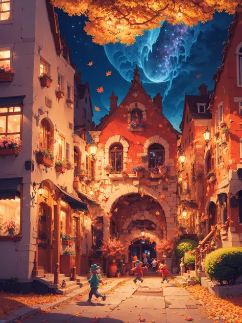 <lora:HeavenTown_Cartoon:0.7>,HeavenTown,Night,Colorful lights,Conceptual design,Masterpiece,Best quality,Highres,Extremely detailed 8k wallpaper,Very clear,masterpiece,extremely detailed,CG,unity,2k wallpaper,Amazing,finely detail,extremely detailed CG unity 8k wallpaper,huge filesize,ultra-detailed,highres,soft light,Dreamy light and shadow,Brilliant colors,(Small towns in Europe:1.3),A dreamy atmosphere,Lovely building,Cartoon,Gorgeous colors,A wealth of colors,High saturation,A strong contrast between cold and warm,Gorgeous colors,(Fantasy:1.3),(dream:1.1),Close range,(Look up:1.4),Flowers,People are happy.,(There are children running.:1.1),People are chatting,On the roof stands an angel with wings,Miyazaki style,Fallen leaves in autumn,Red leaves,Autumn,<lora:add_saturation:1>,A beautiful garden,