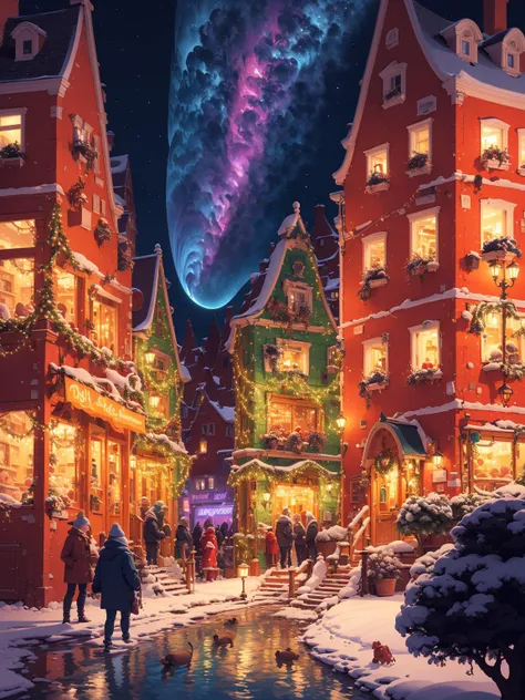 <lora:HeavenTown_Cartoon:0.7>,<lora:add_saturation:1>,HeavenTown,Night,Colorful lights,Conceptual design,Masterpiece,Best quality,Highres,Extremely detailed 8k wallpaper,Very clear,masterpiece,extremely detailed,CG,unity,2k wallpaper,Amazing,finely detail,extremely detailed CG unity 8k wallpaper,huge filesize,ultra-detailed,highres,soft light,Dreamy light and shadow,Brilliant colors,(Small towns in Europe:1.3),A dreamy atmosphere,Lovely building,Cartoon,Gorgeous colors,A wealth of colors,High saturation,A strong contrast between cold and warm,Gorgeous colors,(Fantasy:1.3),(dream:1.1),Close range,Christmas Eve,People are standing in the square waiting.,(There are beautiful colored auroras in the sky:0.7),