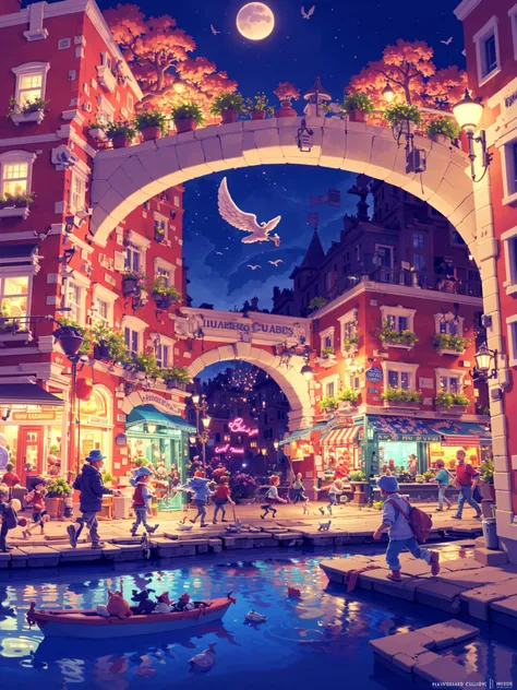 <lora:Teppei_20230602172633:0.8>,<lora:toon_mix:0.5>,Conceptual design,Masterpiece,Best quality,Highres,Extremely detailed 8k wallpaper,Very clear,masterpiece,extremely detailed,CG,unity,2k wallpaper,Amazing,finely detail,extremely detailed CG unity 8k wallpaper,huge filesize,ultra-detailed,highres,soft light,Dreamy light and shadow,Brilliant colors,(Small towns in Europe:1.3),A dreamy atmosphere,Lovely building,Cartoon,Street,Street view,Gorgeous colors,A wealth of colors,High saturation,A strong contrast between cold and warm,Gorgeous colors,(Fantasy:1.3),(dream:1.1),Close range,A beautiful sky,Beautiful clouds,(Look up:1.4),Flowers,(There are many people walking in the street:1.2),(People are happy.:1.1),(There are children running.:1.2),People are chatting,rowing in the river,There is a huge moon in the sky,(There is an arch bridge over the river:1.1),(On the roof stands an angel with wings:1.2),Miyazaki style,(Everything is flying.:1.3),