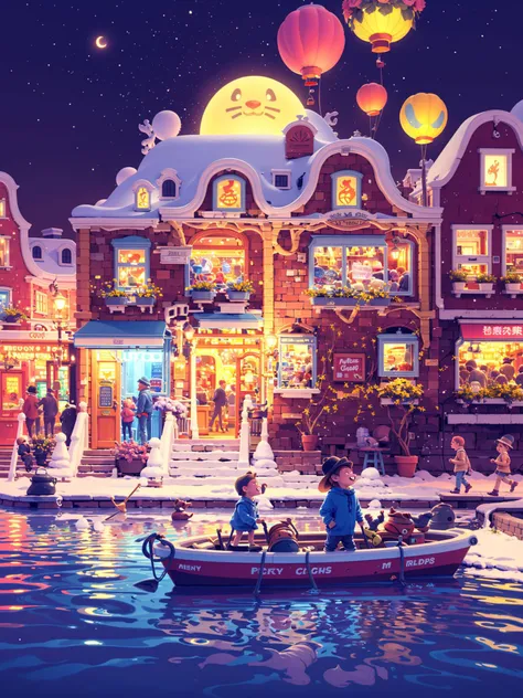<lora:Teppei_20230602172633:0.8>,<lora:toon_mix:0.5>,Conceptual design,Masterpiece,Best quality,Highres,Extremely detailed 8k wallpaper,Very clear,masterpiece,extremely detailed,CG,unity,2k wallpaper,Amazing,finely detail,extremely detailed CG unity 8k wallpaper,huge filesize,ultra-detailed,highres,soft light,Dreamy light and shadow,Brilliant colors,(Small towns in Europe:1.3),A dreamy atmosphere,Lovely building,Cartoon,Street,Street view,Gorgeous colors,A wealth of colors,High saturation,A strong contrast between cold and warm,Gorgeous colors,(Fantasy:1.3),(dream:1.1),Close range,A beautiful sky,Beautiful clouds,(Look up:1.4),Flowers,(There are many people walking in the street:1.2),(People are happy.:1.1),(There are children running.:1.2),People are chatting,rowing in the river,There is a huge moon in the sky,(There is an arch bridge over the river:1.1),Miyazaki style,color hot air balloon,(Look up:1.2),