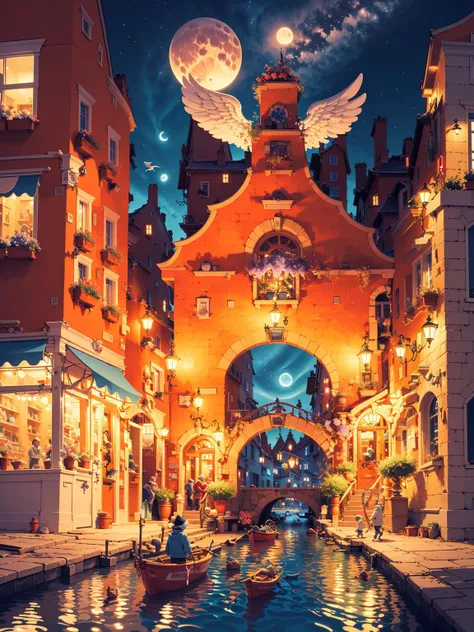Conceptual design,Masterpiece,Best quality,Highres,Extremely detailed 8k wallpaper,Very clear,masterpiece,extremely detailed,CG,unity,2k wallpaper,Amazing,finely detail,extremely detailed CG unity 8k wallpaper,huge filesize,ultra-detailed,highres,soft light,Dreamy light and shadow,Brilliant colors,(Small towns in Europe:1.3),A dreamy atmosphere,Lovely building,Cartoon,Street,Street view,Gorgeous colors,A wealth of colors,(High saturation:1.2),A strong contrast between cold and warm,Gorgeous colors,(Fantasy:1.1),(dream:1.1),A beautiful sky,Beautiful clouds,(Look up:1.4),Flowers,There are many people walking in the street,People are happy.,There are children running.,People are chatting,rowing in the river,There is a huge moon in the sky,(There is an arch bridge over the river:1.1),(On the roof stands an angel with wings:1.5),Miyazaki style,color hot air balloon,God,Look up,<lora:HeavenTown_20230608184907:0.7>,(night:1.4),<lora:add_saturation>,