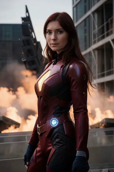 A stunning intricate full color portrait of  a  28 year old woman, superhero costume, The Avengers movie set, epic character composition,by ilya kuvshinov, alessio albi, nina masic,sharp focus, subsurface scattering, f2, 35mm, film grain <lora:KGold:1>