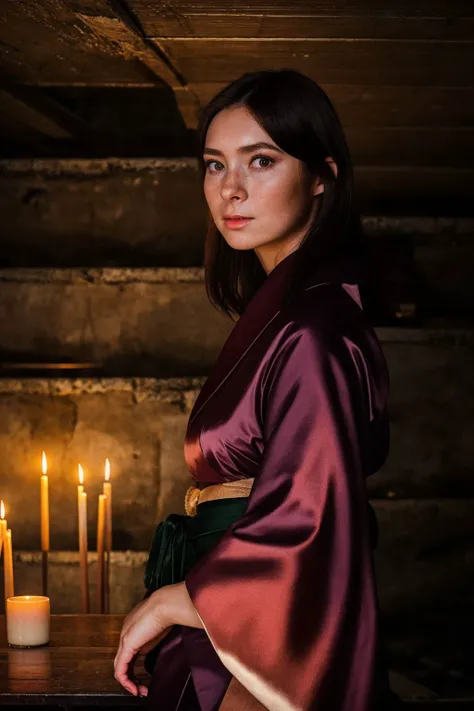 Instagram picture of a beautiful woman, wearing a kimono, in a gloomy cellar, portait, epic character composition,by ilya kuvshinov, alessio albi, nina masic,sharp focus, subsurface scattering, f2, 35mm, film grain <lora:KGold:1>