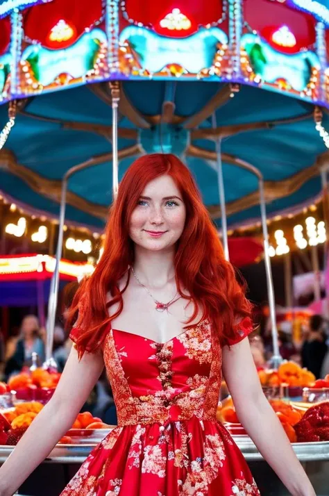 A stunning intricate full color portrait of a pale woman, red hair, wearing a floral dress, crowded fairground, having fun, epic character composition,by ilya kuvshinov, alessio albi, nina masic,sharp focus, natural lighting, subsurface scattering, f2, 35mm, film grain, full body in the picture <lora:KGold:1>