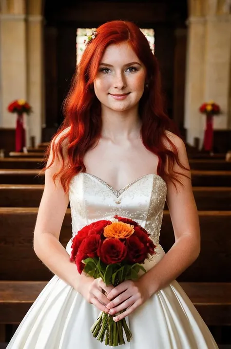 beautiful 18 year old woman with red hair wearing a cute wedding dress, in a curch, holding flowers, intricate details, funny <lora:KGold:1>
