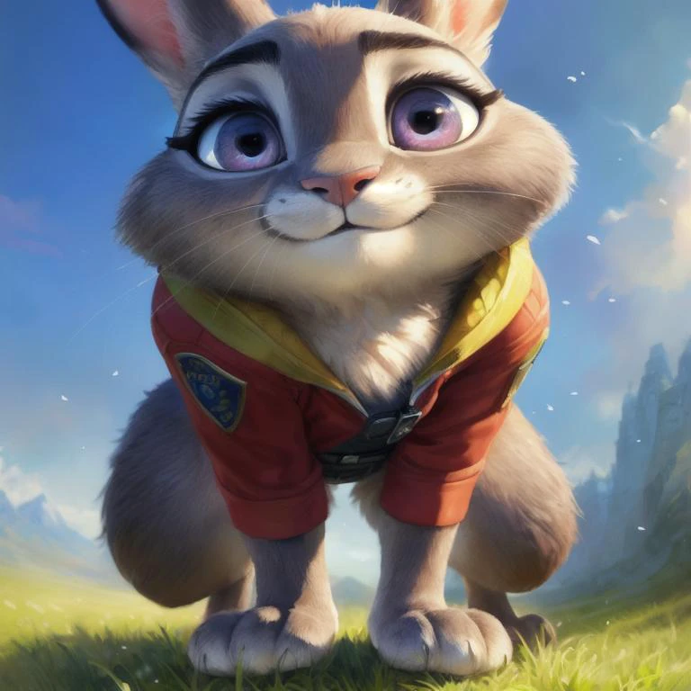 dynamic angle, bunny, judy hopps, fur, anthro, detailed correct paws, anthropomorphic, furry, smiling, fur covered body, (slightly-chubby:0.8), (small breasts:0.7), (full length view, facing viewer:1.3), fully in view, cute, solo, legs in view, knees, fur covered body, detailed fur, detailed facial features, fine art photography, high quality, hdr, 8k, 4k uhd wallpaper, beautiful, 8k, uhd, intricate detail, detailed, by popular digital, digital, watercolor, dark colors, watermark, hyper-resolution, 8k-resolution, hd, very detailed, beautiful colorized photograph, realistic, detailed image, photoshotography, very detailed picture, very detailed, detailed image, very beautiful, real life, (realistic proportions), (sharp focus:0.9), (masterpiece), Ultra realistic, masterpiece, highest quality, ultra detail,adorable, absurd res, by Pino Daeni, by Ruan Jia, by Shiitakemeshi, by Alayna Lemmer, by Carlo Galli Bibiena, (zootopia:1.1)