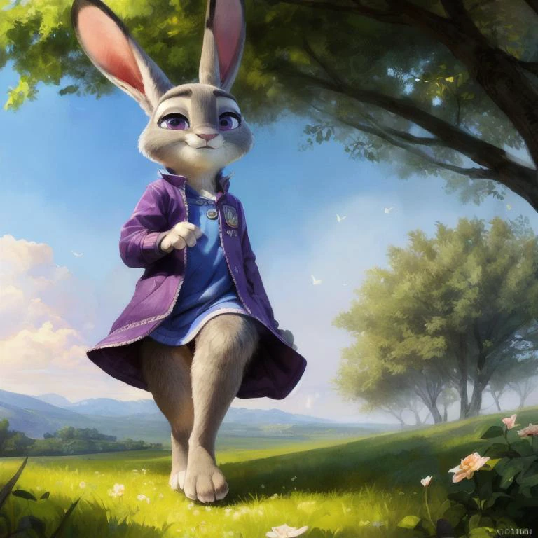 dynamic angle, bunny, judy hopps, fur, anthro, detailed correct paws, anthropomorphic, furry, smiling, fur covered body, (slightly-chubby:0.8), (small breasts:0.7), (full length view, facing viewer:1.3), fully in view, cute, solo, legs in view, knees, fur covered body, detailed fur, detailed facial features, fine art photography, high quality, hdr, 8k, 4k uhd wallpaper, beautiful, 8k, uhd, intricate detail, detailed, by popular digital, digital, watercolor, dark colors, watermark, hyper-resolution, 8k-resolution, hd, very detailed, beautiful colorized photograph, realistic, detailed image, photoshotography, very detailed picture, very detailed, detailed image, very beautiful, real life, (realistic proportions), (sharp focus:0.9), (masterpiece), Ultra realistic, masterpiece, highest quality, ultra detail,adorable, absurd res, by Pino Daeni, by Ruan Jia, by Shiitakemeshi, by Alayna Lemmer, by Carlo Galli Bibiena, (zootopia:1.1)