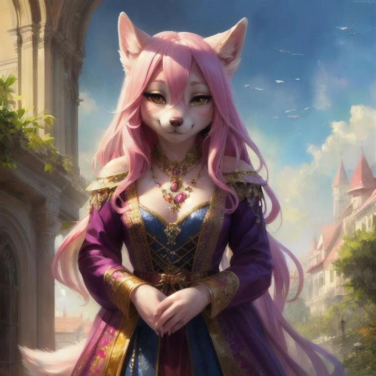 nazuna hiwatashi, wolf, pink and white fur, fur, anthro, detailed, correct paws with claws, anthropomorphic, furry, smiling, fur covered body, (slightly-chubby:0.8), (breasts), (full length view, facing viewer:1.3), fully in view, cute, solo, legs in view, knees, fur covered body, detailed fur, detailed facial features, fine art photography, high quality, hdr, 8k, 4k uhd wallpaper, beautiful, 8k, uhd, intricate detail, detailed, by popular digital, digital, watercolor, dark colors, watermark, hyper-resolution, 8k-resolution, hd, very detailed, beautiful colorized photograph, realistic, detailed image, photoshotography, very detailed picture, very detailed, detailed image, very beautiful, real life, (realistic proportions), (sharp focus:0.9), (masterpiece), Ultra realistic, masterpiece, highest quality, ultra detail,adorable, absurd res, by Pino Daeni, by Ruan Jia, by Shiitakemeshi, by Alayna Lemmer, by Carlo Galli Bibiena