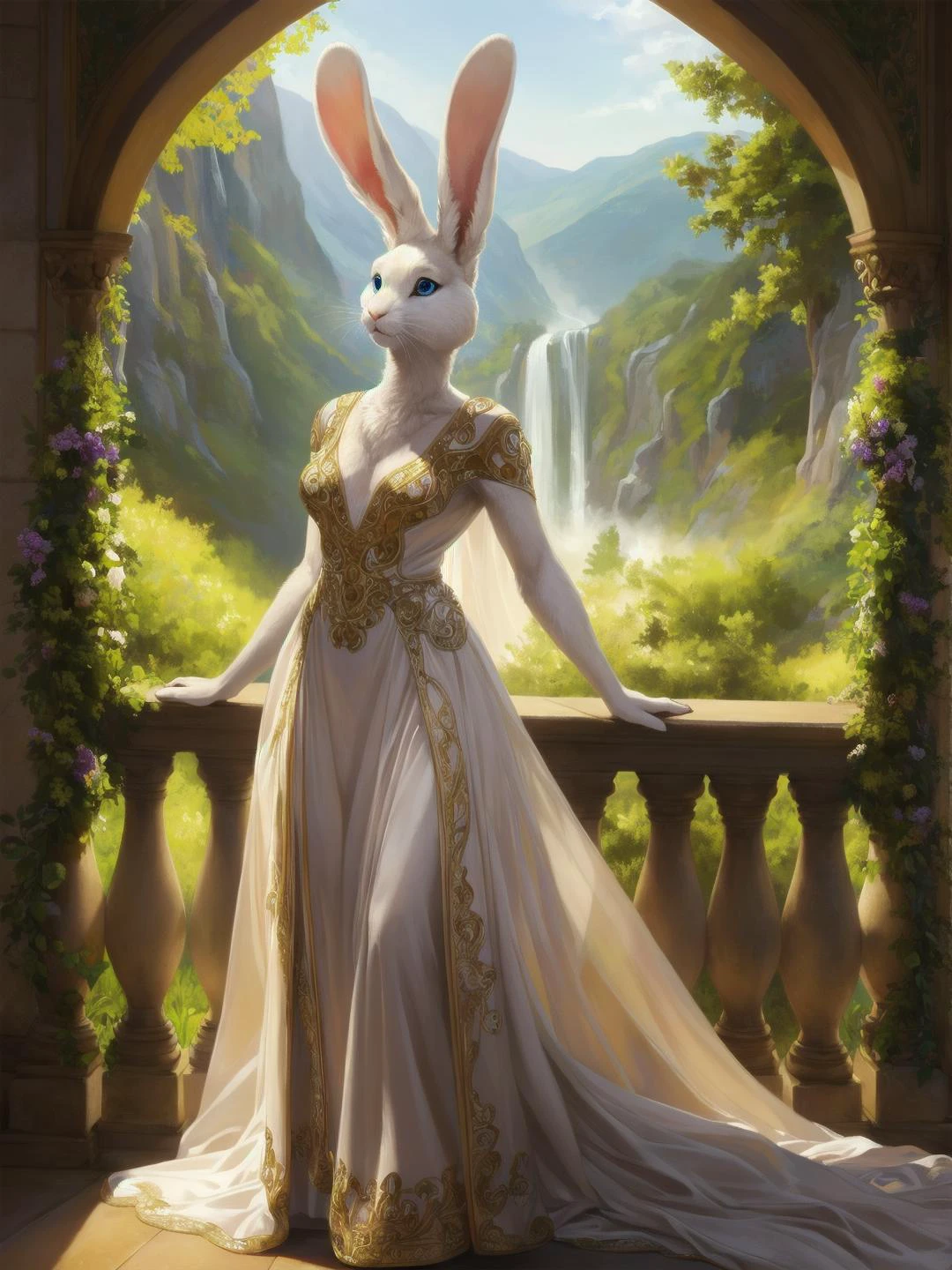 anthro, female, solo, mammal, lagomorph, leporid, (rabbit), anthrofied, soft face, kind face, alluring, bald, thin neck, ears down
whiskers, fur, tuft, (fluffy rabbit tail), detailed, (white fur), white body, blue eyes, bedroom eyes, multicolored body, multicolored fur, two tone body, two tone fur, (realistic fur, fur, realistic fur texture:1), ((detailed fluffy fur)), furry arms, furry paws, rabbit feet
((masterpiece)), photorealistic, hyper realistic, ultra detailed, hi res, 3d (artwork), digital media (artwork), absurd res, uploaded on e621
[realistic proportions], [explicit content, adult, nsfw], [sharp focus], (cinematic lighting), (detailed lighting)
wide angle, full body, three-quarter perspective, beautiful woman, mixed race, (peacock inspired elegant detailed and modest Art Nouveau Evening Gown), posing, small breasts, small hips, intricate, high detail, 8k, dslr, hyper realism, outside, colorful scenic fantasy background, waterfall, forest, overlook, balcony, ambient light, golden hour, golden ratio, perfect lighting, (inspired by Alphonse Mucha), (masterpiece), (best quality), (detailed), (realistic), (8k)