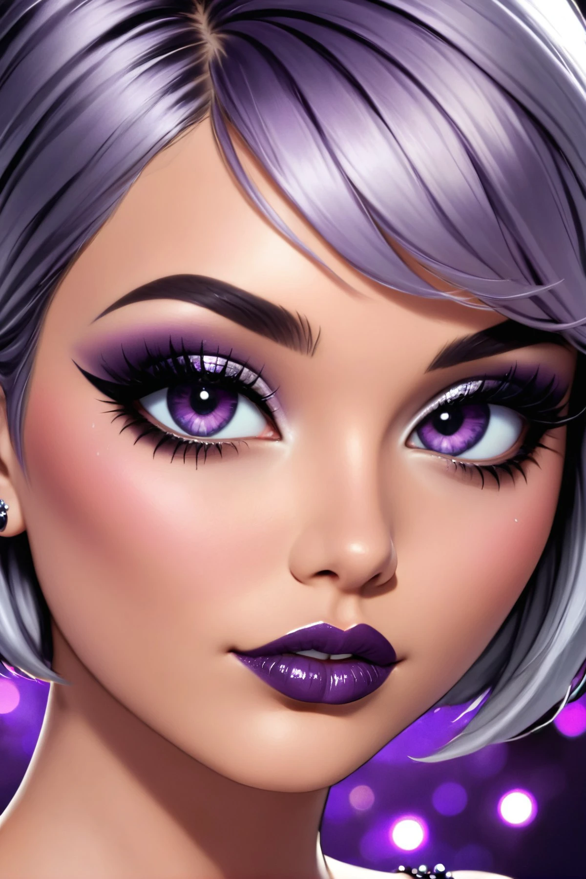 up close photo of a woman with heavy smoky makeup, beautiful detailed eyes, short silver violet hair, hard night partying, sparkling mini dress, tattoos, large lips, skin detail, pores, realistic, imperfections,