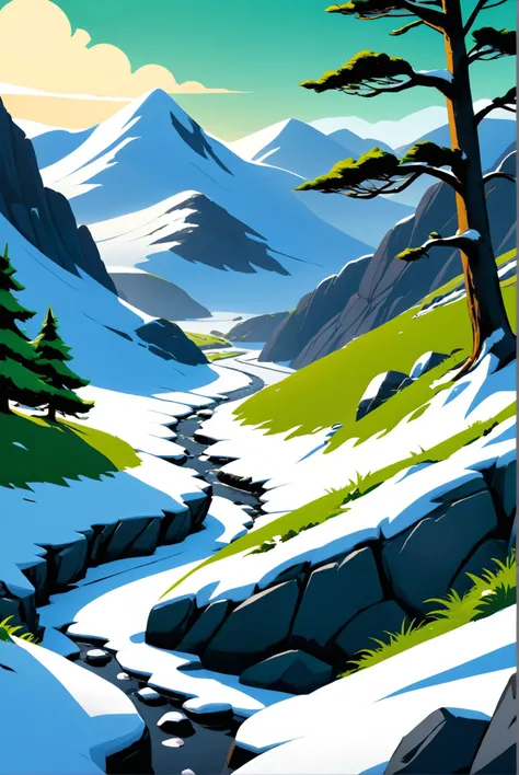 A snow-dusted landscape of the Dingle Peninsula, with the contrast of white snow, dark rocks, and the bright green of resilient gorse bushes, under the clear, cold light of a winter's day., illustration, 3d, cartoon,
high resolution, high quality, detailed, masterpiece, hdr, sharp,
[Looney Tunes style],[ midjourney style], 
BREAK
score_9, score_8_up, score_7_up, score_6_up , amazing, beautiful, breathtaking, astonishing, brilliant, incredible,