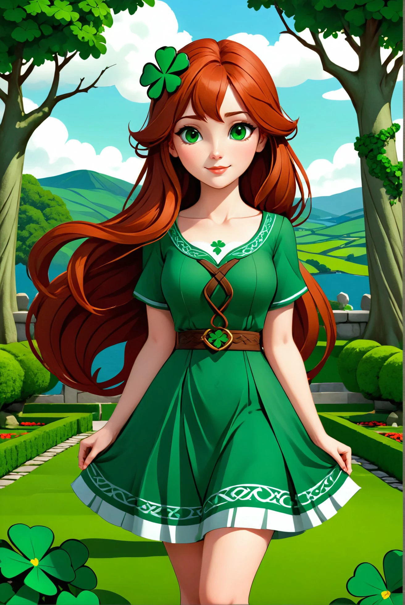 Irish woman with red hair wearing traditional green dress, illustration, 3d, cartoon, 
shamrock, CELTIC CROSS, CELTIC KNOT, 
high resolution, high quality, detailed, masterpiece, hdr, sharp,
Traditional tea garden and tranquil at background,
[Digital Glitch style],[ basety style], 
BREAK
score_9, score_8_up, score_7_up, score_6_up , amazing, beautiful, breathtaking, astonishing, brilliant, incredible,