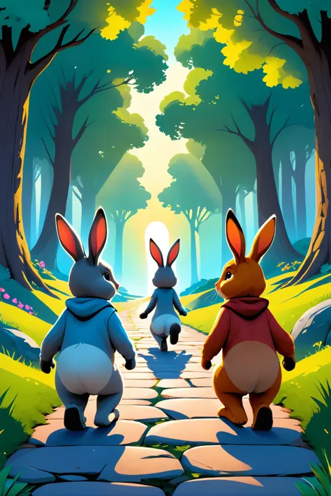 A trio of bunnies, each with a different Celtic symbol painted on their fur, hopping along a stone path leading to a mythical grove, under the warm light of dawn., illustration, 3d, cartoon,
high resolution, high quality, detailed, masterpiece, hdr, sharp,
[Retro Futurism style],[ sassy style], 
BREAK
score_9, score_8_up, score_7_up, score_6_up , amazing, beautiful, breathtaking, astonishing, brilliant, incredible,