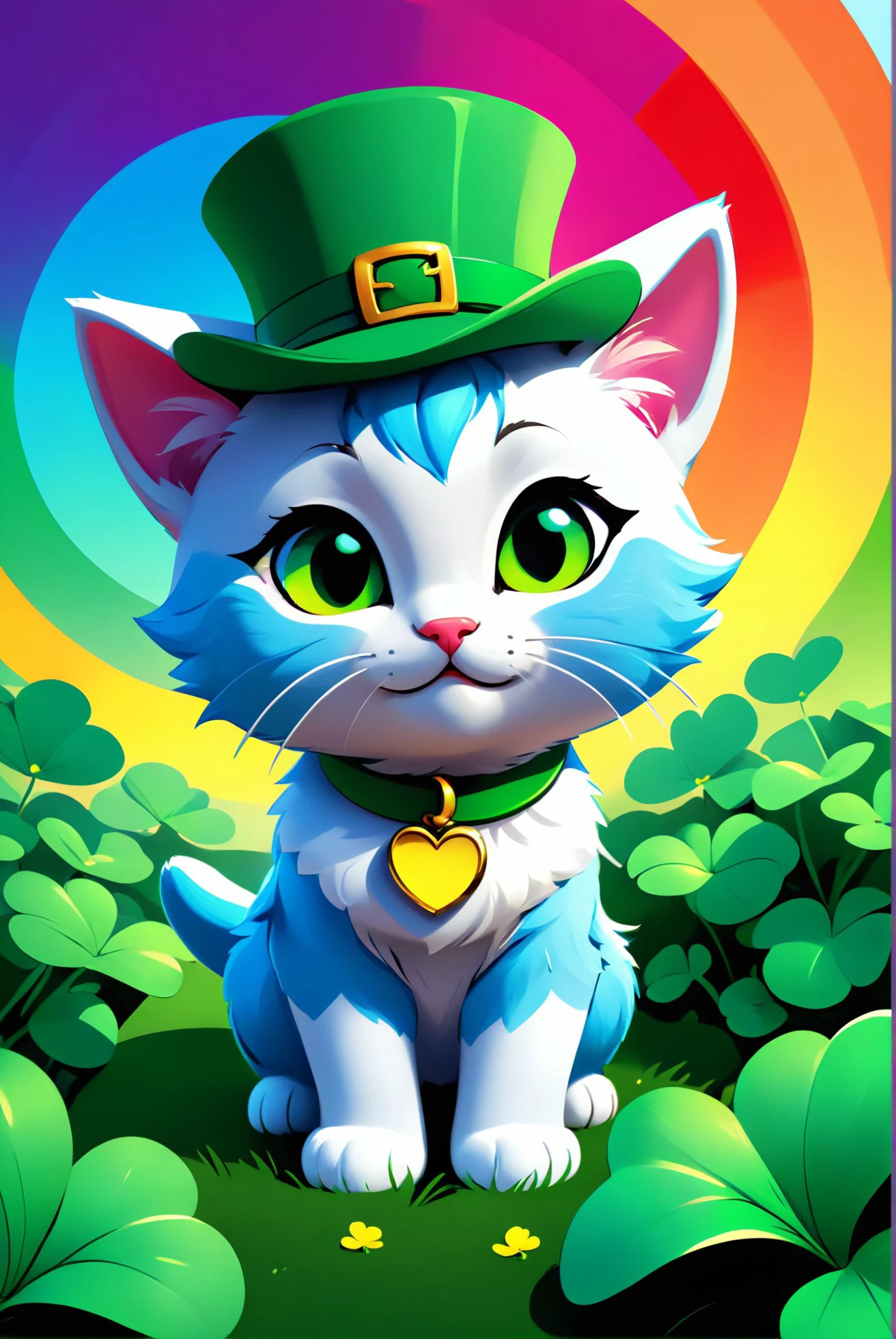 A kitten wearing a tiny leprechaun hat, nestled among clovers, with a rainbow softly glowing in the background., illustration, 3d, cartoon,
high resolution, high quality, detailed, masterpiece, hdr, sharp,
[Pop Art style],[ basety style], 
BREAK
score_9, score_8_up, score_7_up, score_6_up , amazing, beautiful, breathtaking, astonishing, brilliant, incredible,