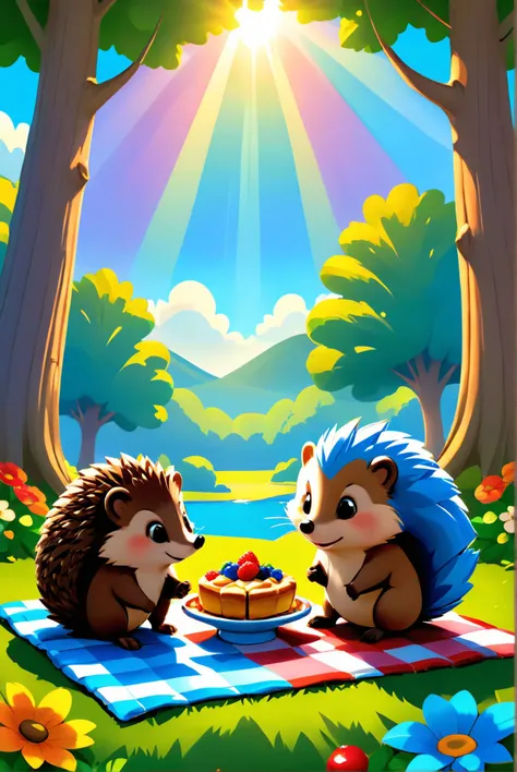 A family of hedgehogs having a picnic under a rainbow, sharing tiny pies on a checkered blanket, with a backdrop of gentle sunlight filtering through the trees., illustration, 3d, cartoon,
high resolution, high quality, detailed, masterpiece, hdr, sharp,
[High Dynamic Range (HDR) Photography style],[ midjourney style], 
BREAK
score_9, score_8_up, score_7_up, score_6_up , amazing, beautiful, breathtaking, astonishing, brilliant, incredible,