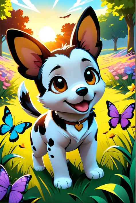 Puppies frolicking in a meadow, chasing after butterflies with wings like stained glass, in the warm light of late afternoon., illustration, 3d, cartoon,
high resolution, high quality, detailed, masterpiece, hdr, sharp,
[Graffiti and Street Art style],[ abbe bi style], 
BREAK
score_9, score_8_up, score_7_up, score_6_up , amazing, beautiful, breathtaking, astonishing, brilliant, incredible,