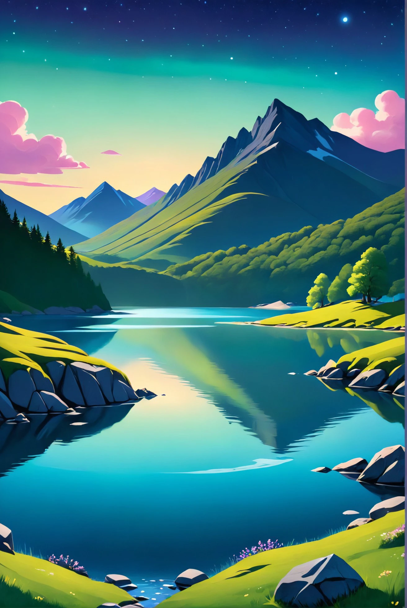 A mythical lake hidden in the mountains of Ireland, reflecting the stars and northern lights in its crystal-clear waters, under a clear night sky., illustration, 3d, cartoon,
high resolution, high quality, detailed, masterpiece, hdr, sharp,
[Pastel style],[ abbe bi style], 
BREAK
score_9, score_8_up, score_7_up, score_6_up , amazing, beautiful, breathtaking, astonishing, brilliant, incredible,