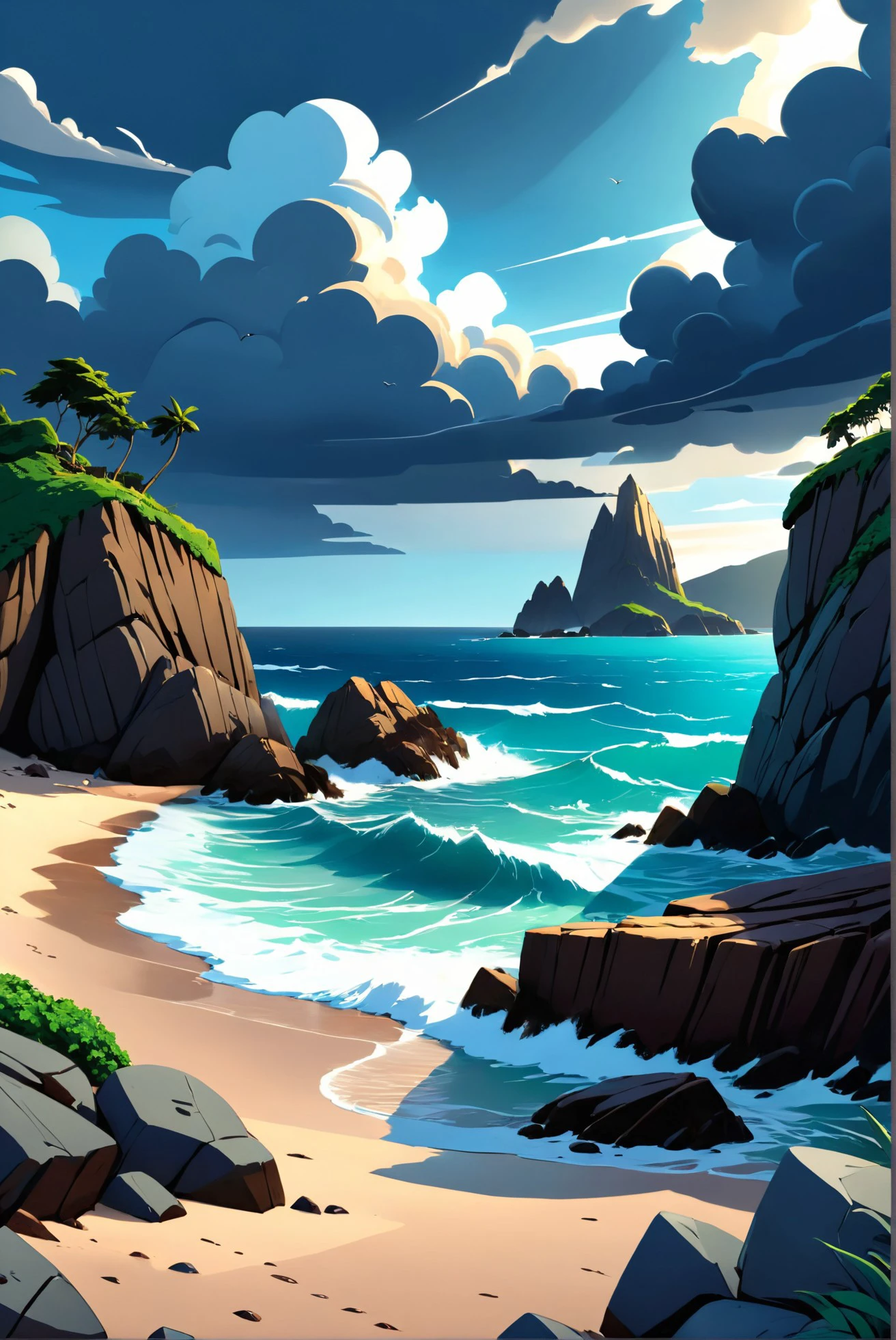A rugged coastal path leading to a hidden beach, with waves crashing against rocks, under a dramatic, stormy sky., illustration, 3d, cartoon,
high resolution, high quality, detailed, masterpiece, hdr, sharp,
[Rick and Morty style],[ midjourney style], 
BREAK
score_9, score_8_up, score_7_up, score_6_up , amazing, beautiful, breathtaking, astonishing, brilliant, incredible,