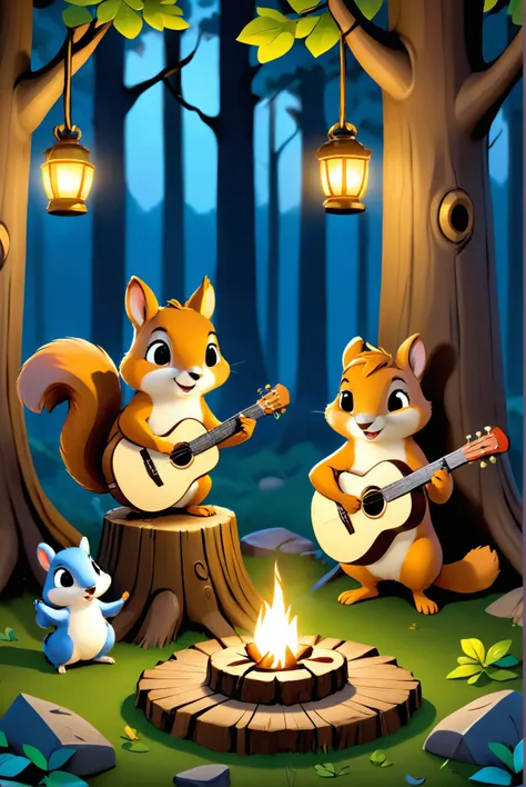 A band of squirrels playing traditional Celtic music on miniature instruments, on a stage set up on a tree stump, with the audience of forest creatures lit by lantern light., illustration, 3d, cartoon,
high resolution, high quality, detailed, masterpiece, hdr, sharp,
[Adventure Time style],[ abbe bi style], 
BREAK
score_9, score_8_up, score_7_up, score_6_up , amazing, beautiful, breathtaking, astonishing, brilliant, incredible,