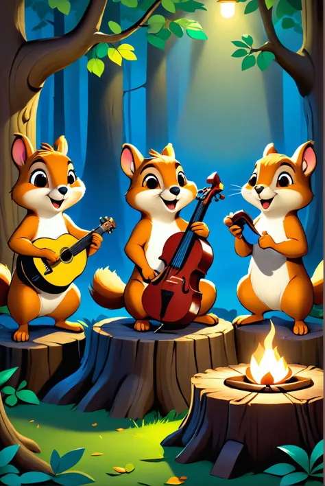 A band of squirrels playing traditional Celtic music on miniature instruments, on a stage set up on a tree stump, with the audience of forest creatures lit by lantern light., illustration, 3d, cartoon,
high resolution, high quality, detailed, masterpiece, hdr, sharp,
[Disney Classic style],[ basety style], 
BREAK
score_9, score_8_up, score_7_up, score_6_up , amazing, beautiful, breathtaking, astonishing, brilliant, incredible,