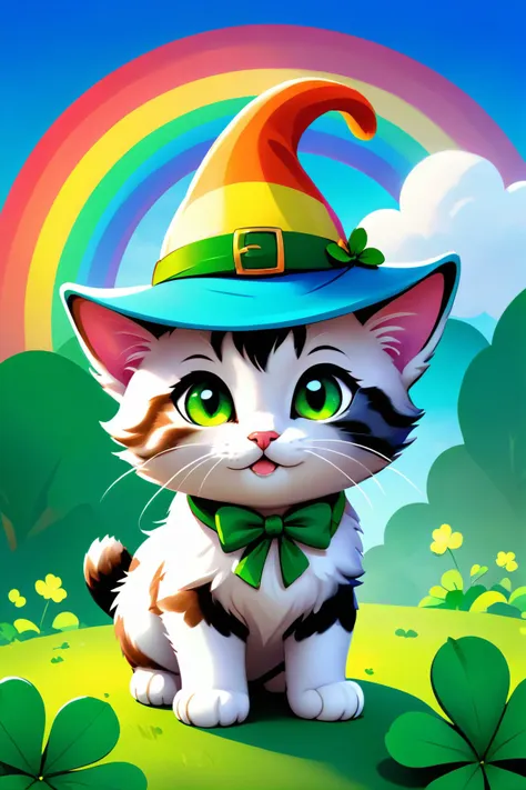 A kitten wearing a tiny leprechaun hat, nestled among clovers, with a rainbow softly glowing in the background., illustration, 3d, cartoon,
high resolution, high quality, detailed, masterpiece, hdr, sharp,
[Watercolor style],[ sassy style], 
BREAK
score_9, score_8_up, score_7_up, score_6_up , amazing, beautiful, breathtaking, astonishing, brilliant, incredible,