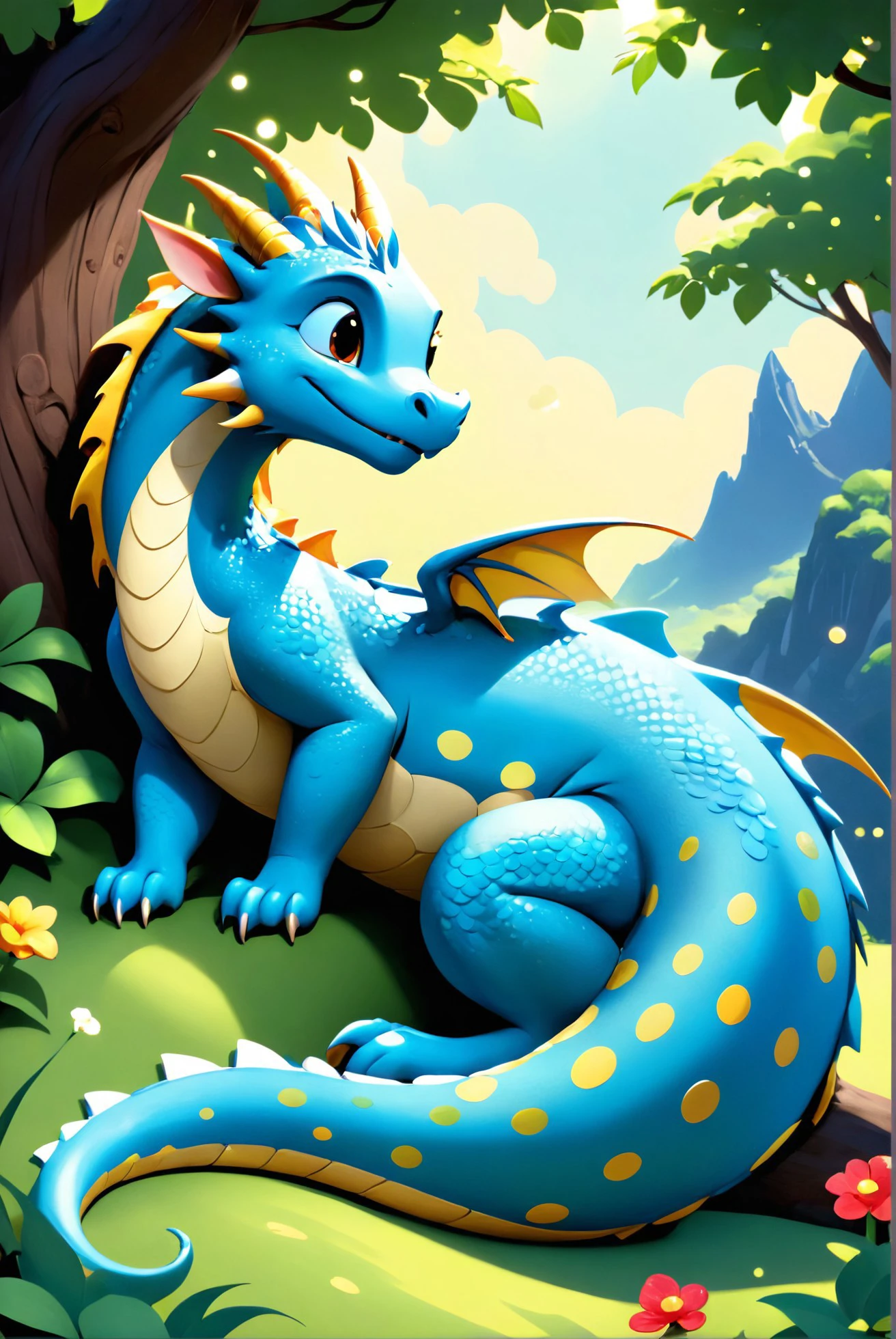 A mischievous pixie painting polka dots on a sleeping dragon's tail, with the dragon snoring bubbles, in the playful light of a lazy afternoon., illustration, 3d, cartoon,
high resolution, high quality, detailed, masterpiece, hdr, sharp,
[Studio Ghibli style],[ basety style], 
BREAK
score_9, score_8_up, score_7_up, score_6_up , amazing, beautiful, breathtaking, astonishing, brilliant, incredible,