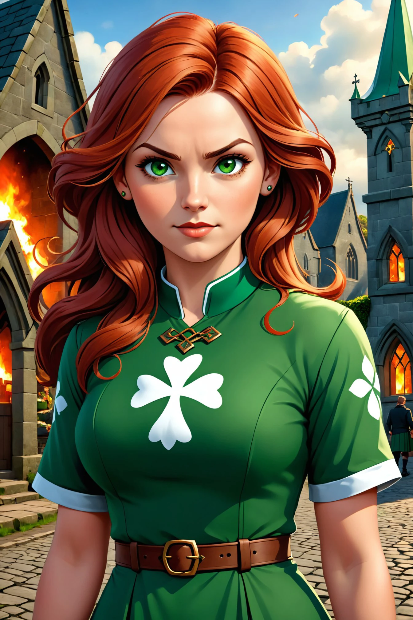 Irish woman with traditional green dress and red hair, closeup,
realistic, real life,
high resolution, high quality, detailed, masterpiece, hdr, sharp,
Irish village at background, church, shamrock, fire, battle scene,
[Graffiti and Street Art style],[ abbe bi style], 
(CELTIC CROSS, ST. BRIGID CROSS, CELTIC KNOT:0.8),
BREAK
score_9, score_8_up, score_7_up, score_6_up , amazing, beautiful, breathtaking, astonishing, brilliant, incredible,