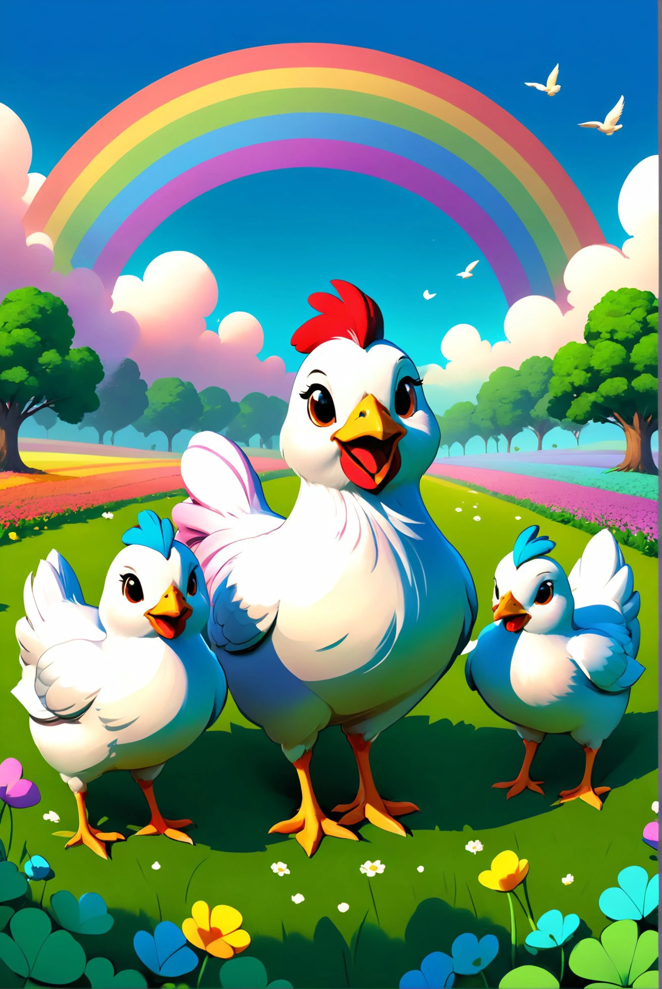 A flock of chicks, each dyed a different pastel color, following a mother hen across a field of clovers, under a rainbow., illustration, 3d, cartoon,
high resolution, high quality, detailed, masterpiece, hdr, sharp,
[Realism style],[ abbe bi style], 
BREAK
score_9, score_8_up, score_7_up, score_6_up , amazing, beautiful, breathtaking, astonishing, brilliant, incredible,