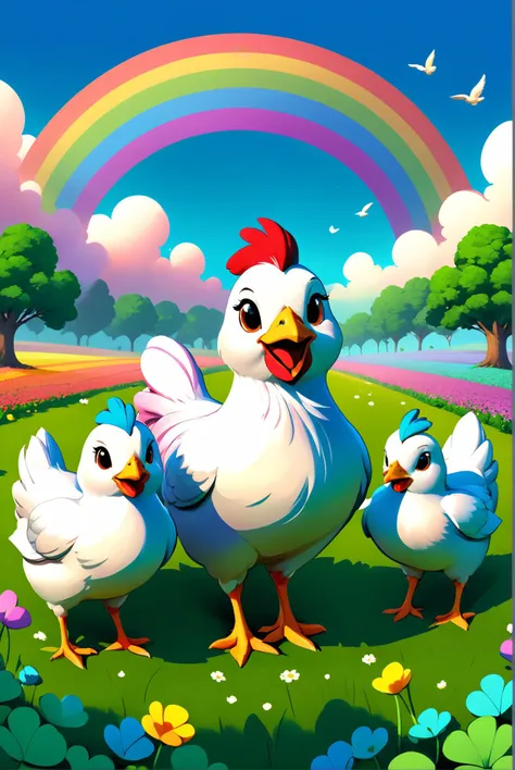 A flock of chicks, each dyed a different pastel color, following a mother hen across a field of clovers, under a rainbow., illustration, 3d, cartoon,
high resolution, high quality, detailed, masterpiece, hdr, sharp,
[Realism style],[ abbe bi style], 
BREAK
score_9, score_8_up, score_7_up, score_6_up , amazing, beautiful, breathtaking, astonishing, brilliant, incredible,