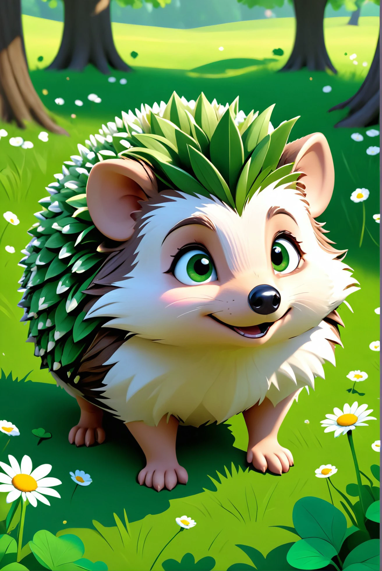 A hedgehog wearing a tiny crown made of daisies and clovers, ruling over a court of insects in a lush, green meadow., illustration, 3d, cartoon,
high resolution, high quality, detailed, masterpiece, hdr, sharp,
[Fantasy style],[ sassy style], 
BREAK
score_9, score_8_up, score_7_up, score_6_up , amazing, beautiful, breathtaking, astonishing, brilliant, incredible,